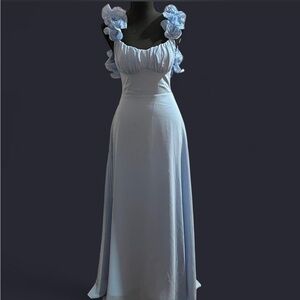 Light Blue Maxi Dress with Floral Shoulder Straps